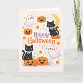 Tarjeta Gatos Fantasmas Calabazas Halloween Lindos Amigabl
