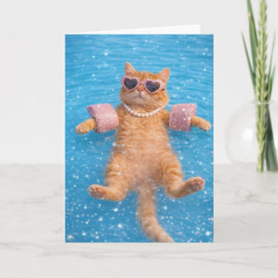 Tarjeta Gatos Glamurosos junto a la Piscina Flotando con E
