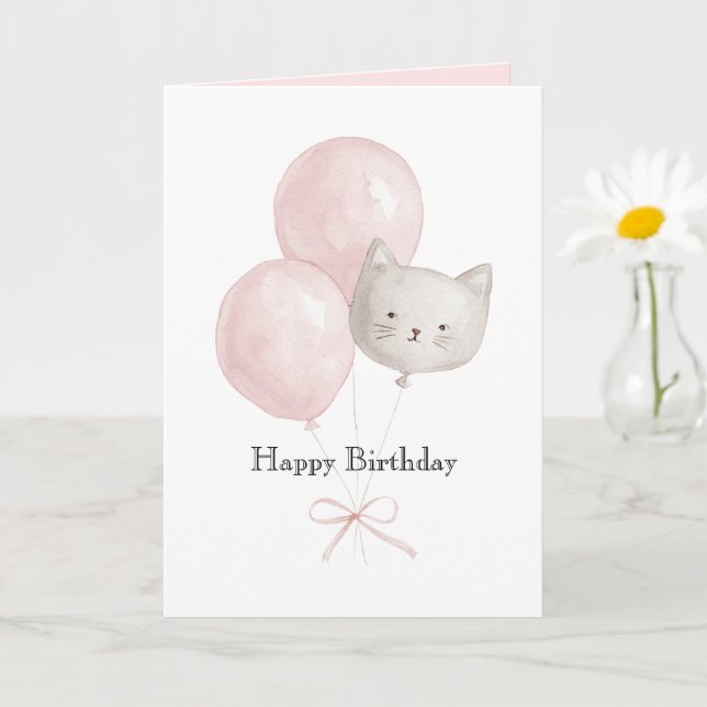 Tarjeta Gatos Globos Rosados Cumpleaños (Planta pequeña)
