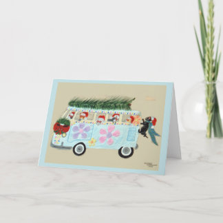 Tarjeta Gatos locos en su camioneta hippie de Navidad