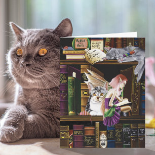 Tarjeta Gatos Mágicos Hadas Biblioteca Encantada Libros