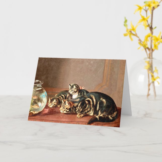 Tarjeta Gatos Mirando Pescado En Un Cuenco De Pescado (flor amarilla)