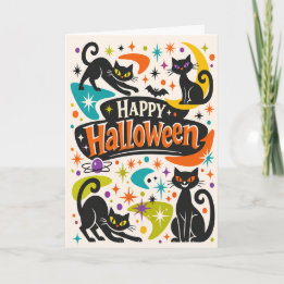 Tarjeta Gatos Negros Retro de Halloween