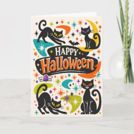 Tarjeta Gatos Negros Retro de Halloween