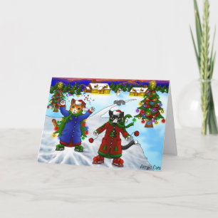 Tarjeta Gatos patinando sobre hielo en Navidad V2