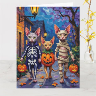 Tarjeta Gatos Sphynx haciendo 'trick-or-treat' con disfraz