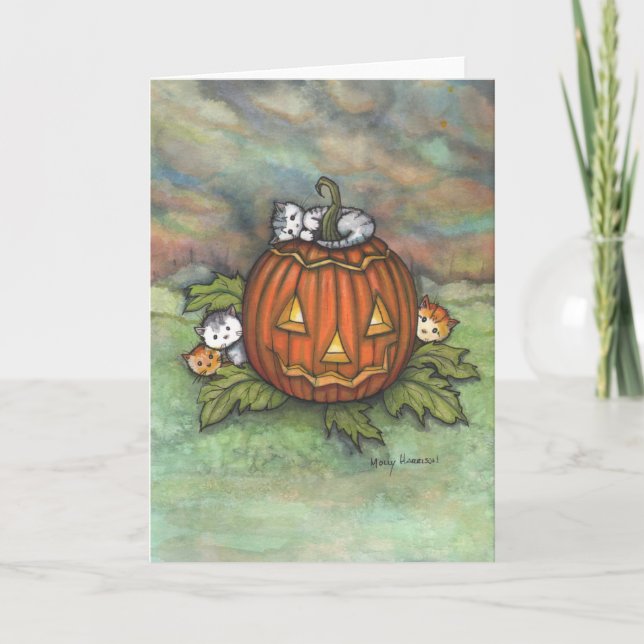 Tarjeta Gatos traviesos de Halloween y Jack-o-Lantern (Anverso)