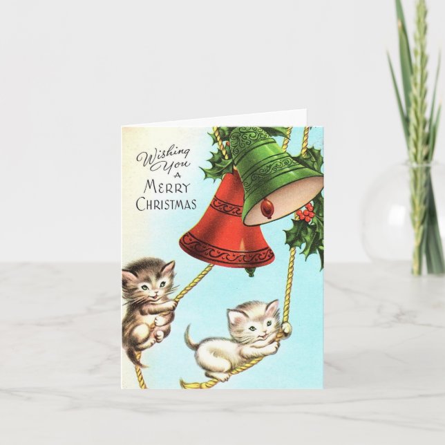Tarjeta Gatos y Campanas de Navidad Vintage (Anverso)