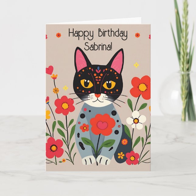 Tarjeta Gatos y flores de arte folclórico Cumpleaños perso (Anverso)