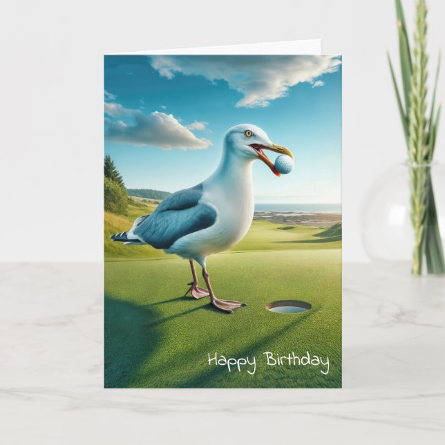 Tarjeta Gaviota de cumpleaños con una bola de golf para go (Anverso)