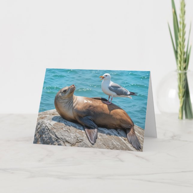 Tarjeta Gaviota humorística de cumpleaños colocada en un l (Anverso)