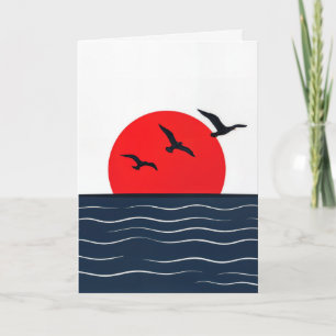 Tarjeta Gaviotas de cumpleaños en sol rojo en el océano