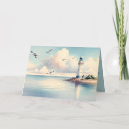 Tarjeta Gaviotas de faro costero Serenidad de cielo pastel