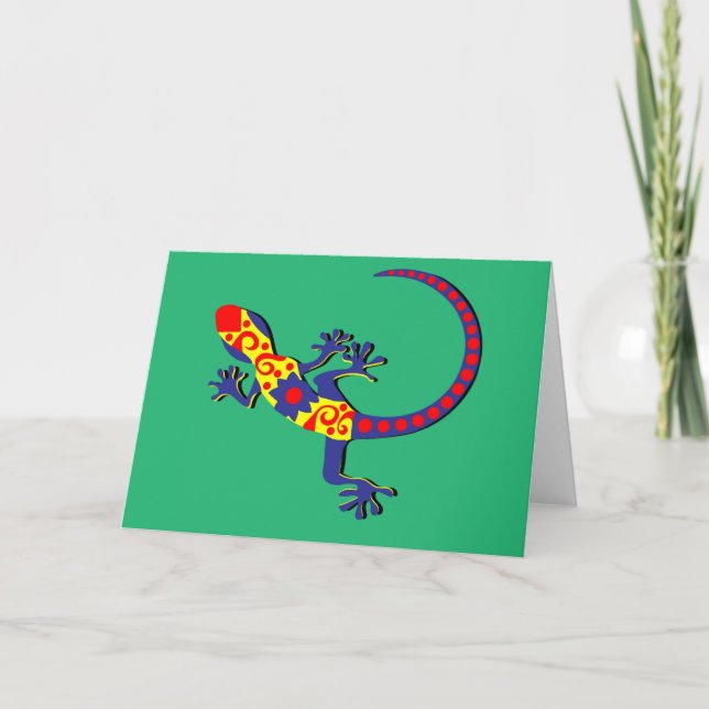 Tarjeta Gecko de estilo mexicano azul, rojo y amarillo (Anverso)