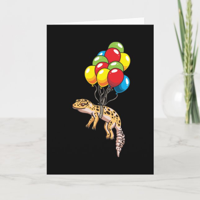Tarjeta Gecko leopardo con regalo de globos (Anverso)