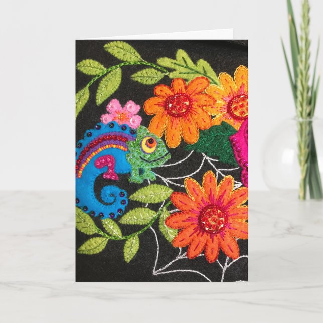 Tarjeta Gecko Lizard Stitched Felt Birthday (Anverso)