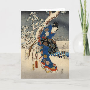 Tarjeta Geisya japonés en nieve, Toyokuni, Ukiyo-e