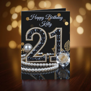 Tarjeta Gema Negra Glamurosa Rosa Blanca Cumpleaños 21