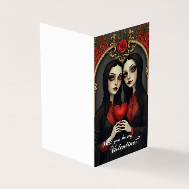 Tarjeta Gemelas góticas de San Valentín con corazón rojo (Exterior)