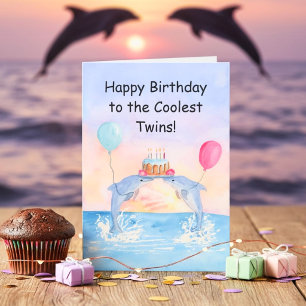 Tarjeta Gemelos Feliz Cumpleaños Delfines con Tarta de Cum