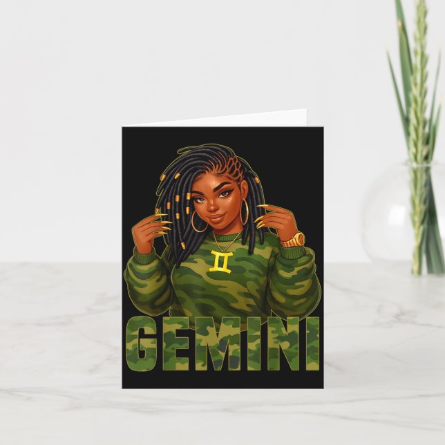 Tarjeta Gemini Queen Loc'd Black Woman Camo Zodiac Sign  (Anverso)