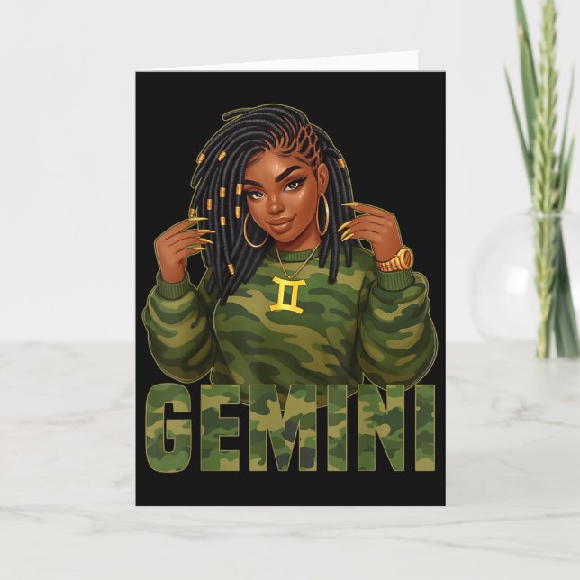 Tarjeta Gemini Queen Loc'd Black Woman Camo Zodiac Sign  (Anverso)
