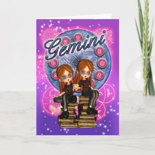 Tarjeta Gemini Zodiac Cute Card Con Chicas Gemelos En Viej