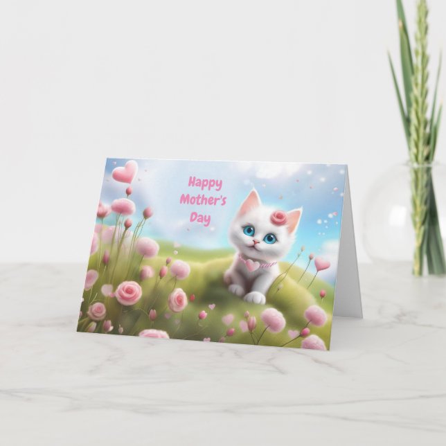 Tarjeta General de Día de la Madre con gatito blanco (Anverso)