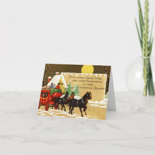 Tarjeta Gente de Navidad vintage montando un carruaje tira