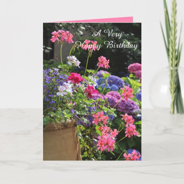 Tarjeta Geranios de las flores de verano en una olla (Anverso)