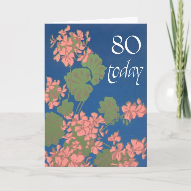 Tarjeta Geranios rosa salmón en azul profundo, cumpleaños  (Anverso)
