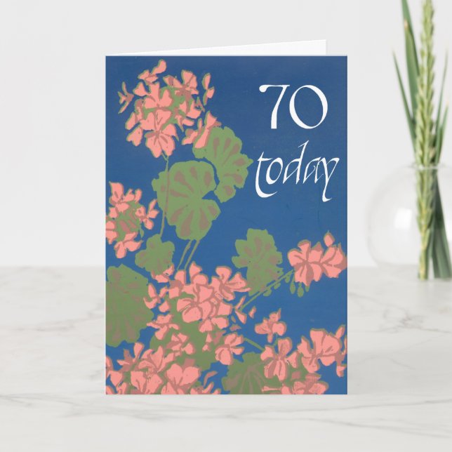 Tarjeta Geranios rosa salmón en azul profundo, cumpleaños  (Anverso)