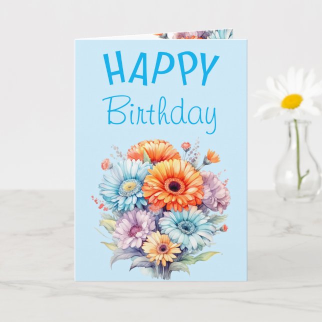 Tarjeta Gerbera flowers happy birthday blank blue (Planta pequeña)