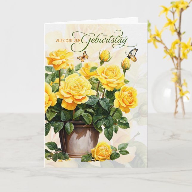 Tarjeta German Birthday Geburtstag Pot of Yellow Roses (flor amarilla)