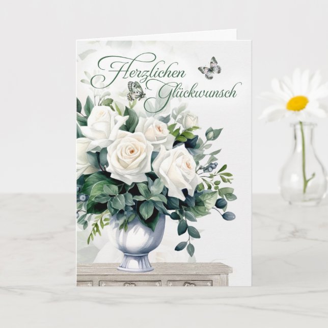 Tarjeta German Congratulations White Roses and Butterflies (Planta pequeña)