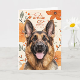 Tarjeta German Shepherd Bold Retro Orange Flowers Birthday