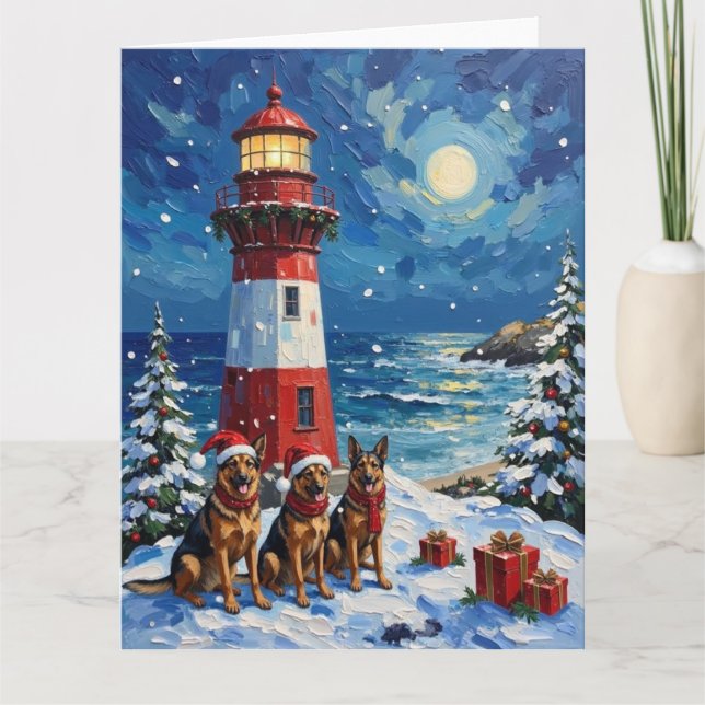 Tarjeta German Shepherd Christmas Lighthouse Holiday (Anverso)