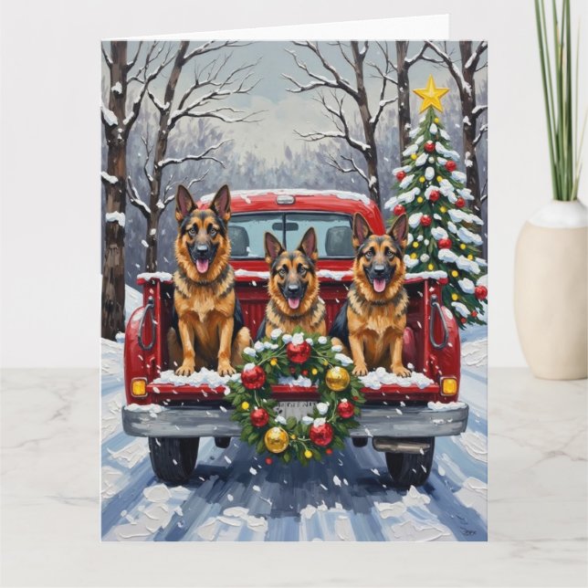 Tarjeta German Shepherd Christmas Red Truck Holiday (Anverso)