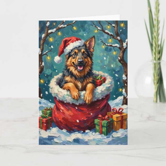 Tarjeta German Shepherd Christmas Santa Bag Adventure (Anverso)