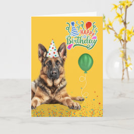 Tarjeta German Shepherd Dog Party Hat Yellow Birthday