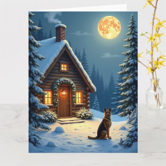 Tarjeta German Shepherd Snowy Forest Cabin Christmas Paint (flor amarilla)