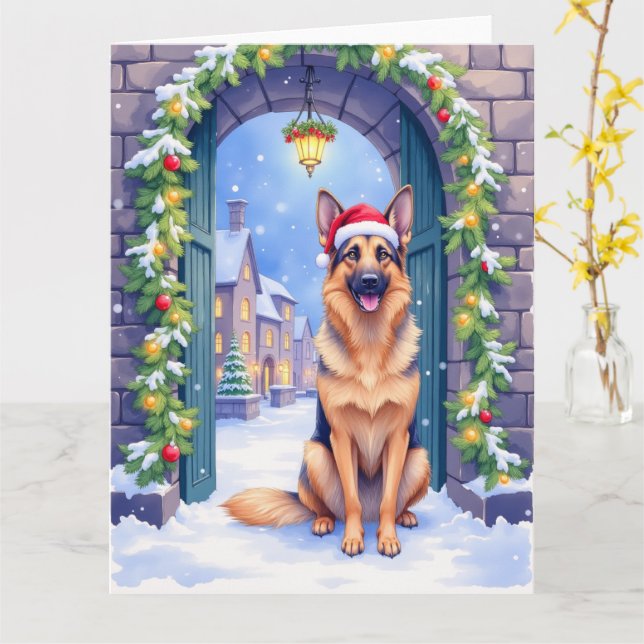 Tarjeta German Shepherd Snowy Town Gate Santa Christmas (flor amarilla)