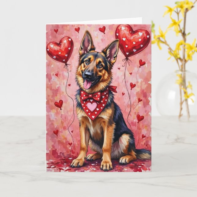 Tarjeta German Shepherd Valentine’s Day Dog with Hearts (flor amarilla)