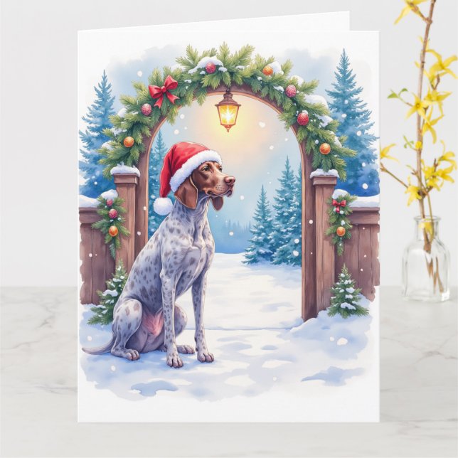 Tarjeta German Shorthaired Pointer Snowy Gate Santa Hat (flor amarilla)