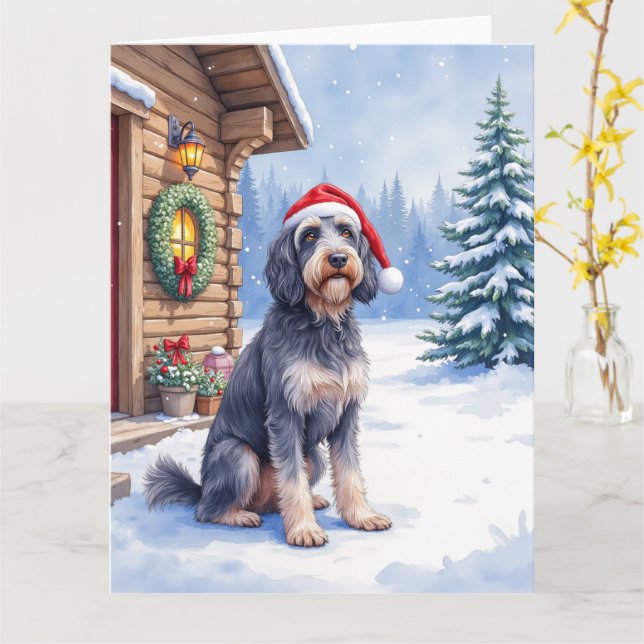 Tarjeta German Wirehaired Pointer Snowy Lodge Santa Hat (flor amarilla)