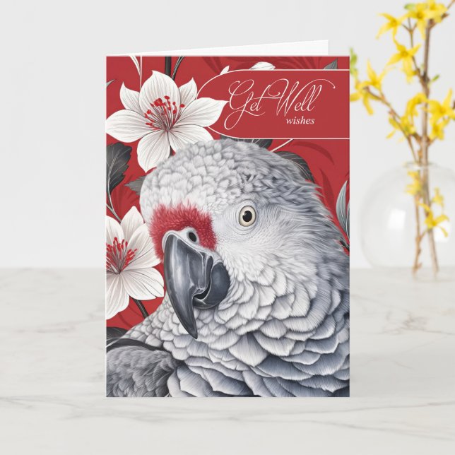 Tarjeta Get Well African Grey Parrot Red and White Lilies (flor amarilla)