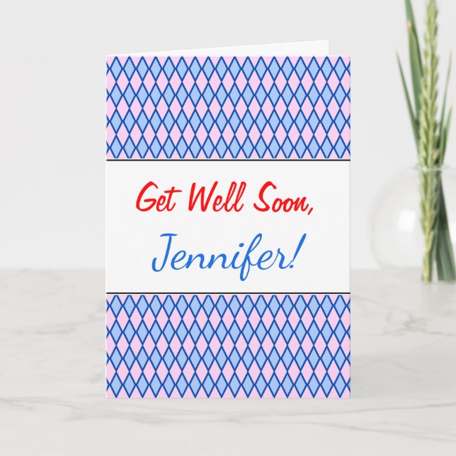 Tarjeta Get Well Soon; Blue and Pink Diamond Shape Pattern (Anverso)