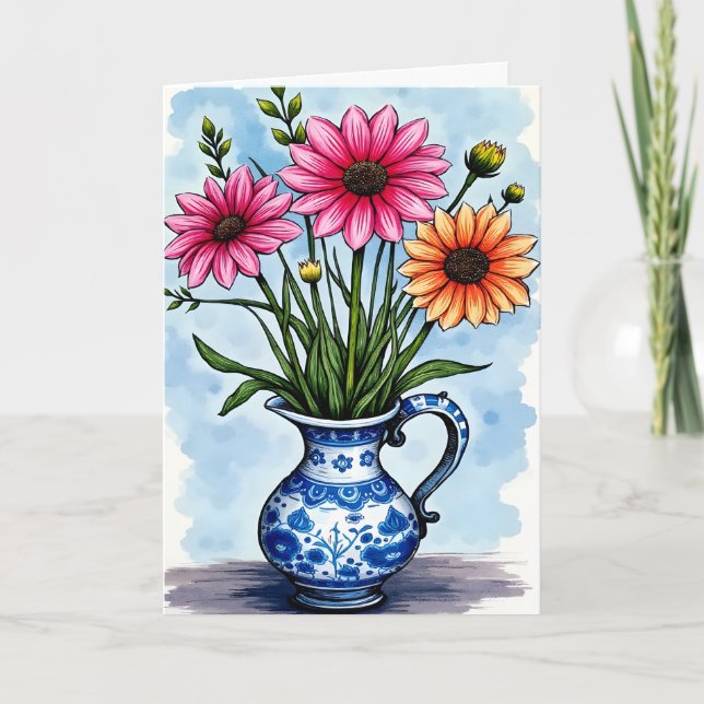 Tarjeta Get Well Soon Bright Color Flowers in Pitcher (Anverso)