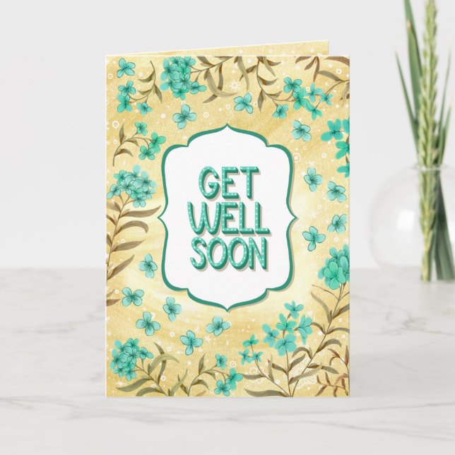 Tarjeta Get Well Soon Floral Yellow Teal Card (Anverso)