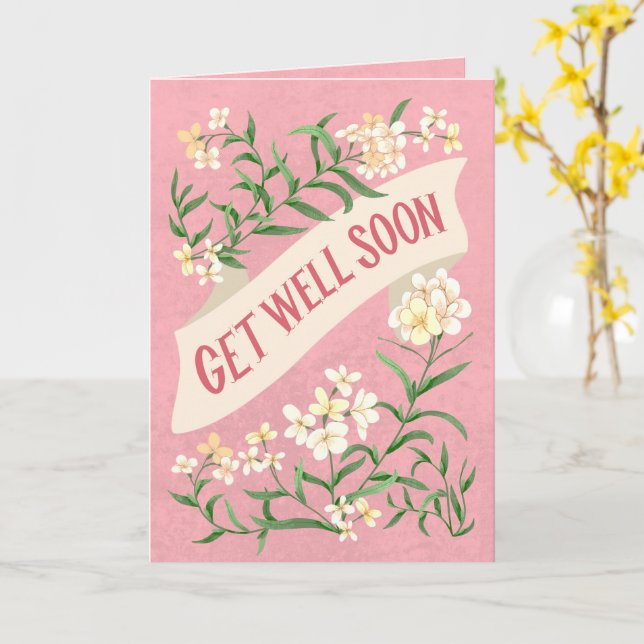 Tarjeta Get Well Soon Pink Soft Pastel Floral Banner (flor amarilla)